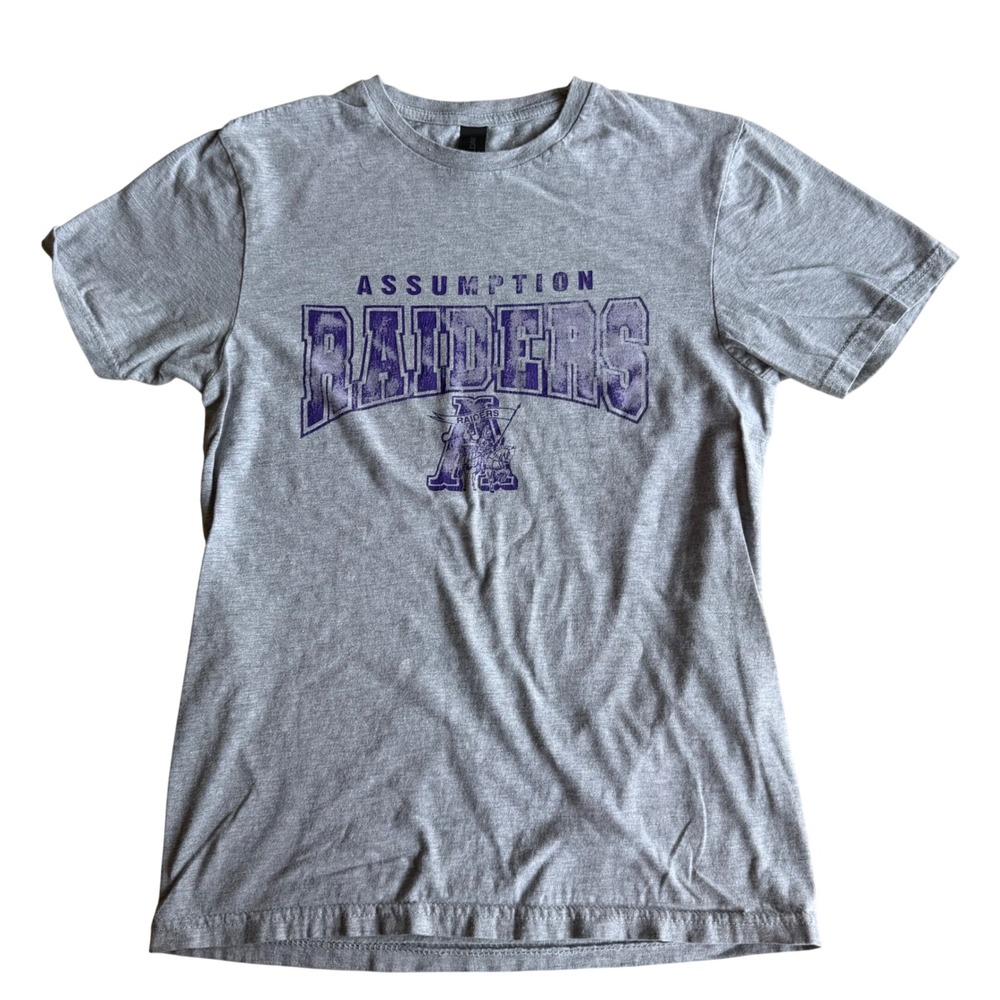 Next Level Assumption Raiders Graphic Tee Gray Purple Vintage Varsity Style S